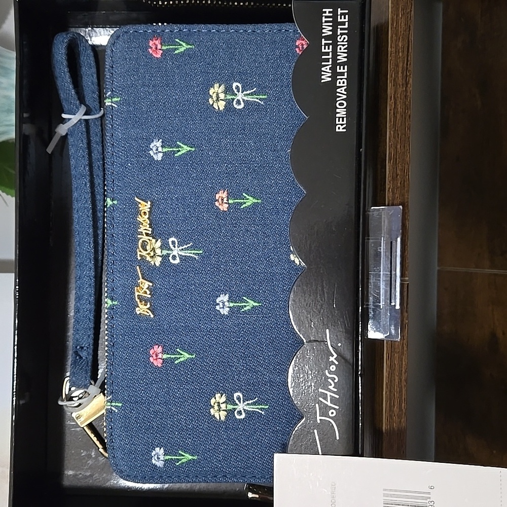 Betsey Johnson Navy Floral Embroidered Wristlet Wallet